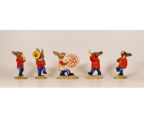 Royal Doulton Bunnykins figures Oompah Band to include Drummer, DB26 Sousaphone DB23, Drum-Major DB27, Cymbals DB25 and Trump