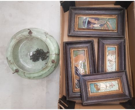 A group of 4 oak framed tiles together with an Art Deco period green glass ceiling light shade. 