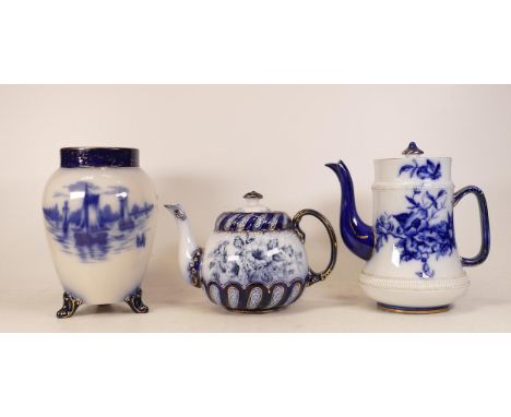 Three Carltonware Wiltshaw &amp; Robinson Blue &amp; White Items to include Dutch Pattern Three Footed Vase, Hibiscus Teapot 