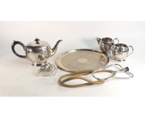 A 20th Century EPBM Tea for One Set together with EPNS Engine Turned Plate and Finest English Pewter The Staffordshire Flask 