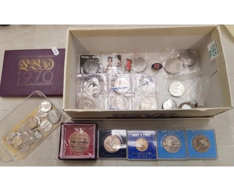 A collection of pre-decimal and commemorative coins, together with a vintage mechanical ladies fob watch, small compass, lape