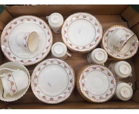 Gladstone China 'Swag' patterned floral tea ware consisting of 7 cups, 12 saucers, 12 side plates, 2 cake plates, milk jug an