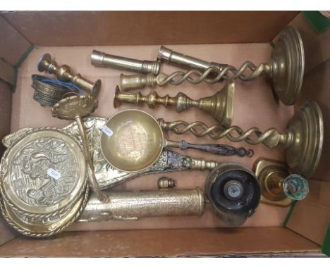 A mixed collection of brass ware to include candlestick holders, wall mounting picture light, brass and leather bellows etc (