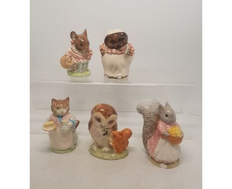 Royal Albert Beatrix Potter figures Mrs Tiggy Winkle, Mrs Tittlemouse, Ribby, Goody Tiptoes and Old Mr Brown (5). 
