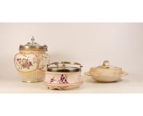 Three Carltonware Wiltshaw &amp; Robinson Ivory Blushware Items  to include Violet Pattern Condiment Dish, Chrysanthemum Muff