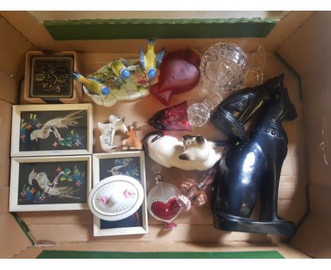 A mixed collection of items to include resin Egyptian cat figures, Beswick Siamese cat, perfume bottles, Royal Adderley blue 