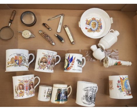 A collection of Royal Commemorative ware and crested ware items together with vintage magnifying glasses, miniature pen-knive