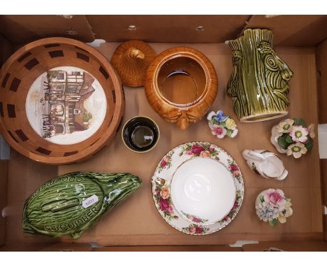 A mixed collection of ceramic items to include vintage novelty face pots, Royal Albert Old Country Roses breakfast teacup and