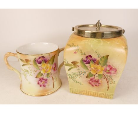 Carltonware Wiltshaw &amp; Robinson Ivory Blushware Camellia metal rimmed biscuit barrel and Camellia loving cup, height 19.5