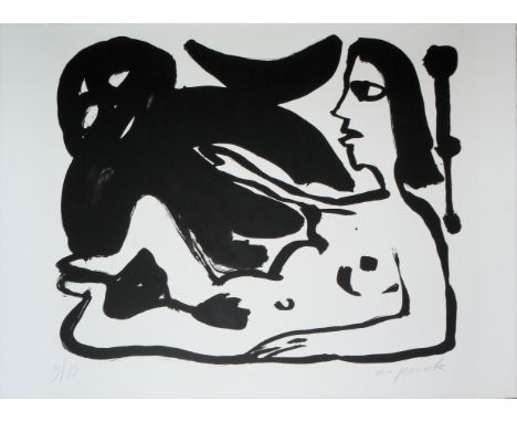 A. R. Penck, Frau mit Dämon, signierte Lithographie von 1994A. R. Penck, 1939-2017, Liegender weiblicher Akt mit dunklem Dämo