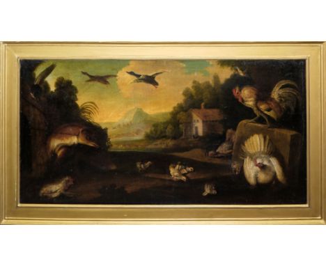 Angelo Maria Crivelli, "Il Crivellone", zugeschr., Fuchs im Hühnerhof (Volpe che caccia le galline), Ölgemälde um 1700, gerah