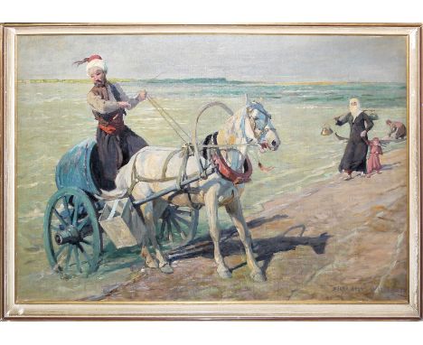 Bela Juszko, großformatige Strand-Szene (Tengerparti jelenet) am Platten-See (Balaton), Ölgemälde, Budapest 1912, alt gerahmt