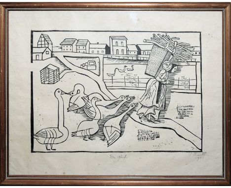 Gerhard Marcks, "Die Gänse", signierter Holzschnitt von 1923 (Bauhauszeit), alt gerahmtGerhard Marcks, Berlin 1889 - Köln 198