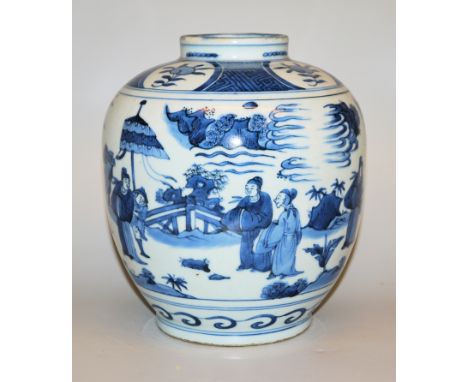 Blauweiß-Vase mit Figurenszenen, wohl Kangxi-Historismus der späten Qing-Zeit, China 19. Jh.Bauchige Porzellanvase mit kurzem