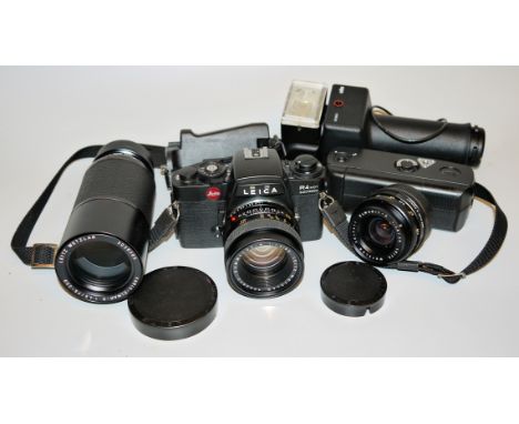 Fotoausrüstung Leica R4 mit Wechselobjektiven und ZubehörLeica R4 MOT Electronic mit Leitz Summilux-R 1:1.4/50; Vario-Elmar-R