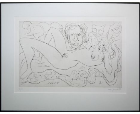A. R. Penck, Liegender Akt mit Schlange, große signierte Radierung, Auflage 10 Exemplare, gerahmtA. R. Penck, 1939-2017, Lieg