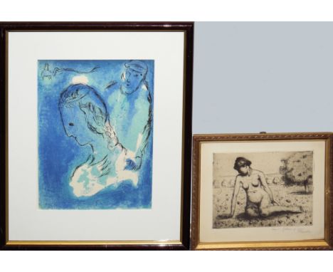 Marc Chagall / Paul Kusche, Abraham &amp;amp; Sarah, Farblitho von 1956 / Frauenakt, sign. Radierung 1920er Jahre, beide gera