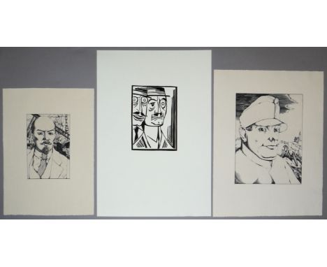 Franz M. Jansen, "Zwei Männerköpfe", Holzschnitt um 1920 &amp;amp; Johannes Wüsten, "Schweijk" und "Lenin", Kupferstiche von 