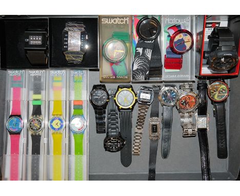 19 Swatch und andere ausgefallene ArmbanduhrenDrei Pop Swatch, vier weitere Swatch, zwei Digitaluhren von The One: Kerala Tra