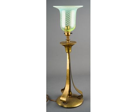 Art Nouveau Benson style brass table lamp with vaseline shade.  Height approx. 53cm 