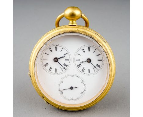 A 19th century brass cased cylinder escapement key wind multi-dial pocket watch, 47mm white enamel dial, 60mm case