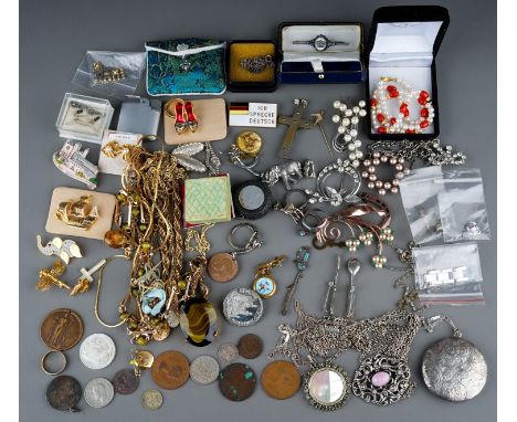 Costume jewellery, including paste and marcasite brooches, sterling silver pendant compact; stick pin, jabot pin, pearl and c