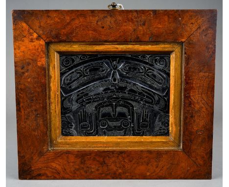 Tribal art.  Rare antique Haida First Nations Canada argillite carved panel.  19th Century.  In original frame.  Frame size a