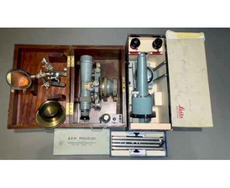 Vintage Ernst Leitz boxed microscope; boxed B.P.M focuslide, box A Thornton Manchester microscope etc (1 box)