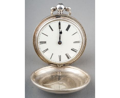 A Victorian silver hunter pocket watch, 40mm white enamel dial with Roman numerals, case 51mm, London 1854, verge escapement 