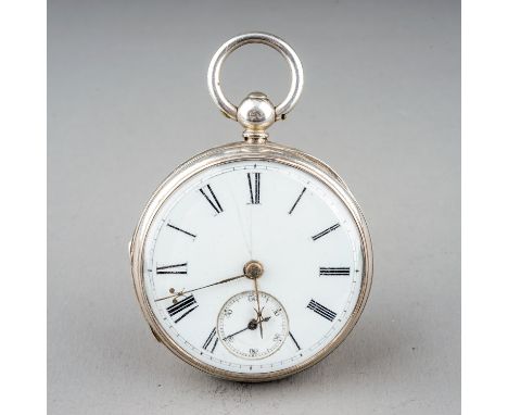 A Victorian silver openface pocket watch, 42mm white enamel dial with Roman numerals and subsidiary seconds,  key wind Englis