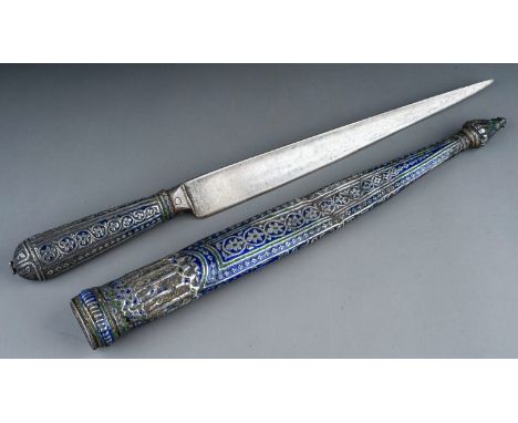 Rare 19th Century antique Indian Kashmiri dagger in silver and enamel. Dents to scabbard. Length 49cm