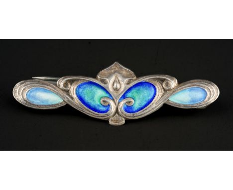 An Art Nouveau silver and enamel bar brooch, four oval blue and green panels in sinuous lines, approx 4.5cm wide, gross weigh