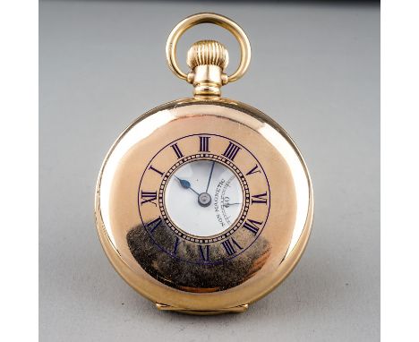 A rolled gold half hunter pocket watch, 40mm white enamel dial with Roman numerals, subsidiary seconds dial,  52mm case, Swis