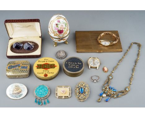 Costume jewellery, including a Mexican silver and reconstituted turquoise brooch; a pair of white metal and Blue John cufflin