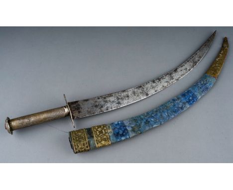 Antique North African dagger, white metal hilt possibly silver, velvet covered scabbard with brass fittings 