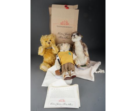 Three modern Steiff toys Meercat, Golfer Teddy, Bear in Sack and Golden Jubilee Teddy with box and certificate 