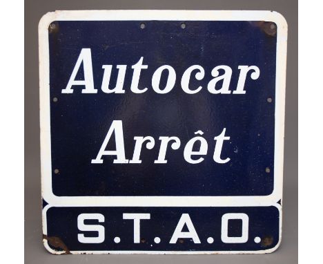 A vintage French black and white advertising sign for AUTOCAR ARRET S.T.A.O., approx 50 x 50cm 