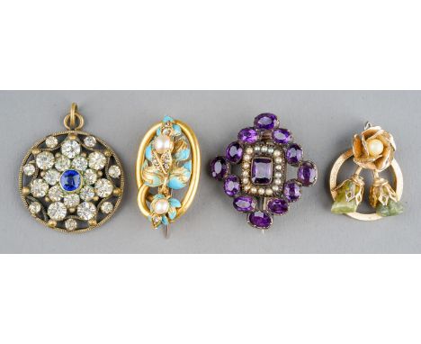 A Georgian yellow metal paste and seed pearl brooch, set with oval amethyst glass and a border of seedpearls, closed back set