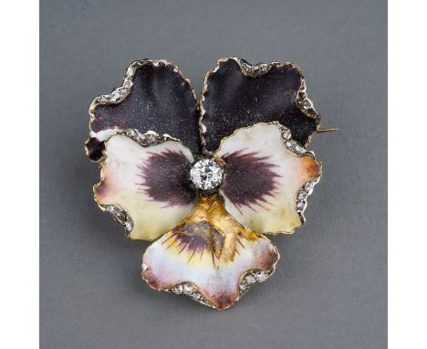 A Victorian enamel and diamond pansy brooch, set with an old-cut diamond in polychrome enamel petals, rose-cut diamonds set t
