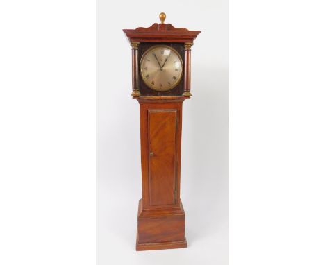 An early 20thC miniature mahogany cased longcase clock, silvered circular dial bearing Roman numerals, Continental clockwork 