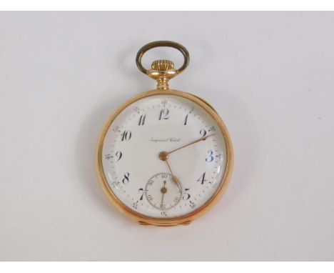 An Imperial gentleman's 14ct gold cased pocket watch, open faced, keyless wind, enamel dial bearing Arabic numerals, subsidia