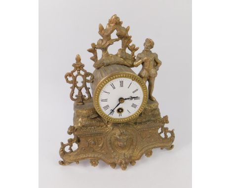 A French late 19thC gilt metal mantel clock, circular enamel dial bearing Roman numerals, thirty hour movement, case cast wit