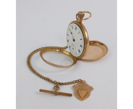A 9ct gold gentleman's early 20thC pocket watch, open faced, keyless wind, enamel dial bearing Roman numerals, subsidiary sec