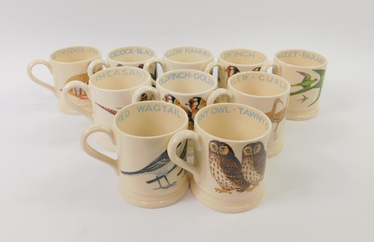 Ten Emma Bridgewater pottery bird mugs, comprising Parakeet, Curlew, Tawny Owl, Goldfinch (x2), Y