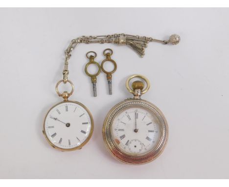 A French silver cased pocket watch, open faced, keyless wind, enamel dial bearing Roman and Arabic numerals, subsidiary secon