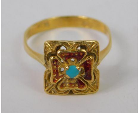 A turquoise and red enamel quatrefoil ring, stamped 750, size L, 3.6g. 