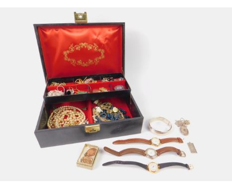 Silver and costume jewellery, including a silver photo locket on chain, bangle, marcasite ring, simulated pearl necklaces and
