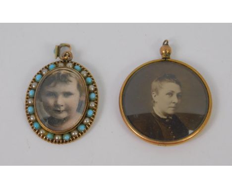 An Edwardian 9ct rose gold seed pearl and turquoise set photo locket, Chester 1903, and a further glazed double sided circula
