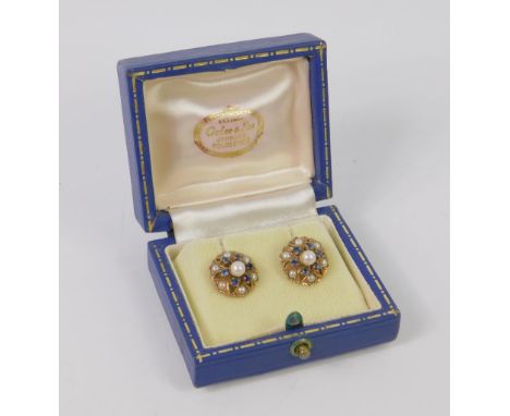 A pair of 9ct gold sapphire and pearl earrings, in a floral design, 4.0g. 