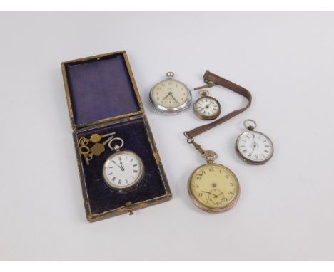 Three lady's pocket watches, two key wind, open faced, with enamel dials bearing Roman numerals, engraved white metal cases w